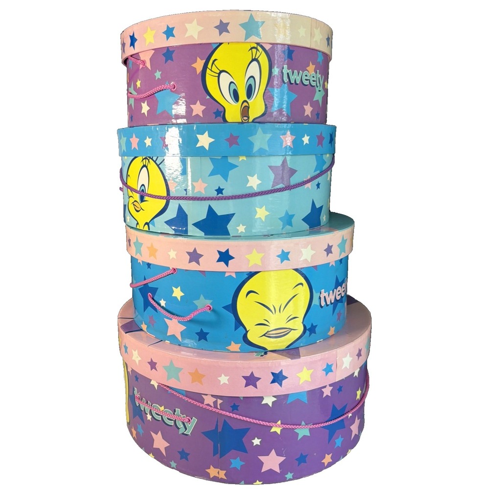 4 Vintage Tweety bird hat box bright and colorful used, good condition Stackable